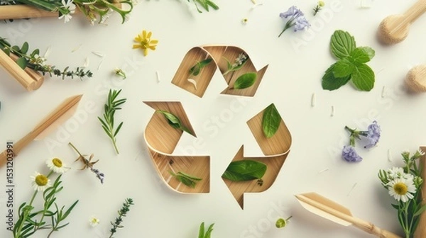 Obraz Wooden recycling symbol surrounded by fresh green leaves and colorful flowers on bright background