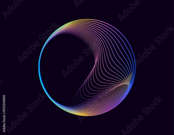 Obraz Abstract 3d sphere. Neon gradient curved waves in round shape. Bright spinning circular border. Vector colorful glowing circular tech frame	
