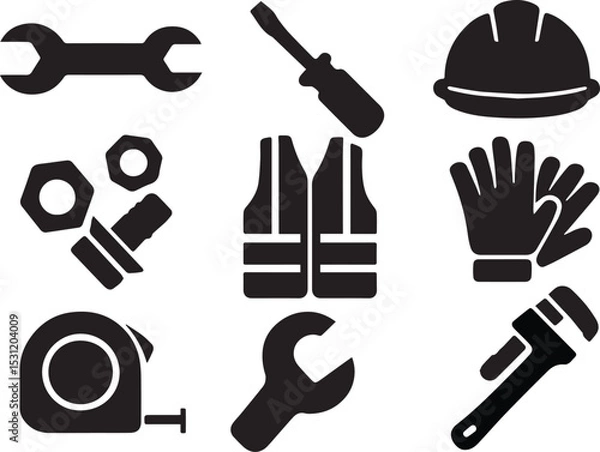 Fototapeta Construction Tools & Safety Icon Bundle – Wrench, Helmet, Gloves & More | EPS Vector Set