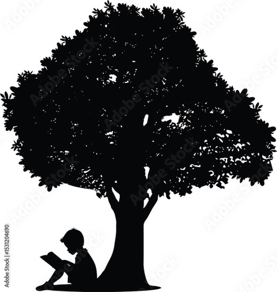 Fototapeta Silhouette of a Child Reading Book Under a Tree Vector Illustration