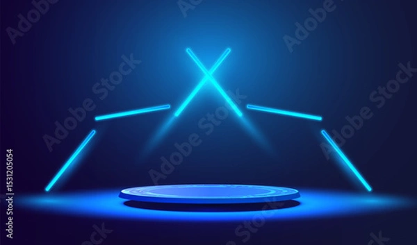 Fototapeta Ai podium with glowing neon lamps symbol X. Xtreme futuristic gaming design. Extra display scene illumination concept. Empty power show room with 3d stage vector background.