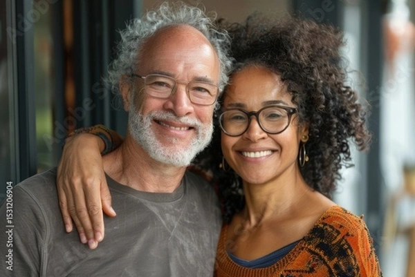 Fototapeta Portrait of a merry multiethnic couple in their 50s smiling at the camera