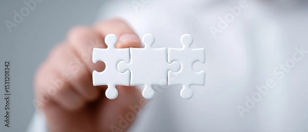 Fototapeta Hand holding three white puzzle pieces teamwork connection solution business concept closeup focus