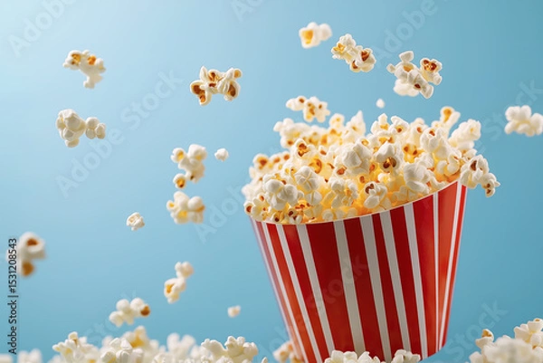 Obraz Popcorn flying out of a red and white striped container against a bright blue background