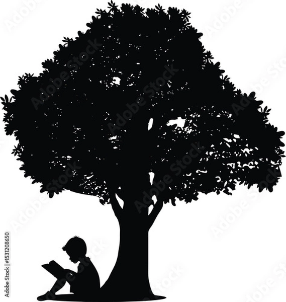 Fototapeta Silhouette of a Child Reading Book Under a Tree Vector Illustration