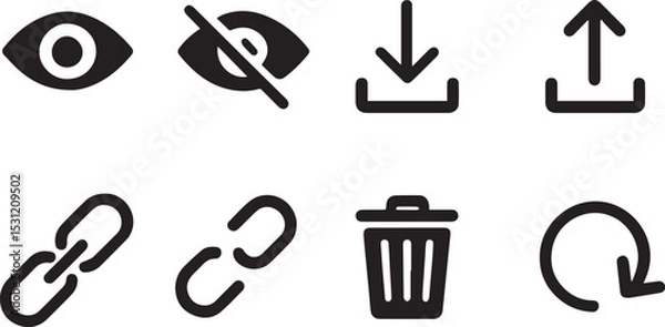 Fototapeta Essential UI Action Icon Set – Eye, Download, Upload, Link, Trash & Restore Symbols