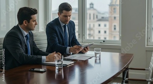Fototapeta Businessmen reviewing documents and digital tablet during a meeting in a modern office