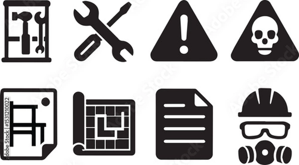 Fototapeta Maintenance & Safety Vector Bundle – Tools, Warning Signs, Blueprint, Inventory & Safety Gear Icons
