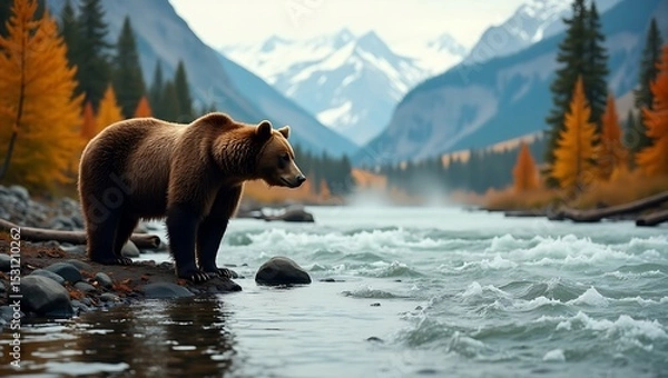 Fototapeta A powerful grizzly bear stands at the edge of a rocky riverbank in early autumn, framed by golden foliage and clear mountain waters.