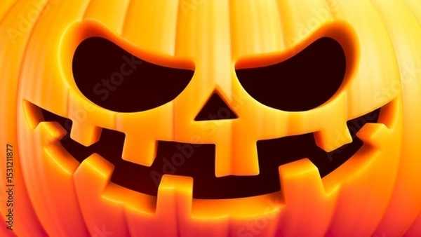 Obraz Halloween pumpkin face with expressive mischievous grin and spooky eyes. Stylized Halloween funny jack-o'-lantern with toothy smile and humorous facial expression radiating warmth and joy. 3d render