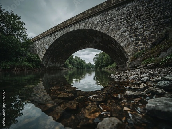 Fototapeta Stone Bridge over Calm River on Overcast Day