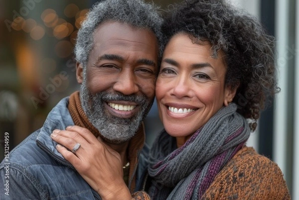 Fototapeta Portrait of a smiling mixed race couple in their 50s looking at the camera