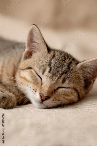 Fototapeta cozy cat curled up gently on clean light background with ultrabright accent that draws attention