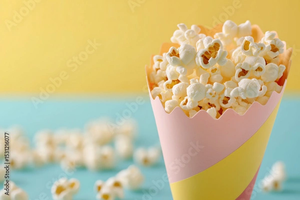 Obraz Popcorn fills a pastel-striped paper cone set against a vibrant yellow and teal background