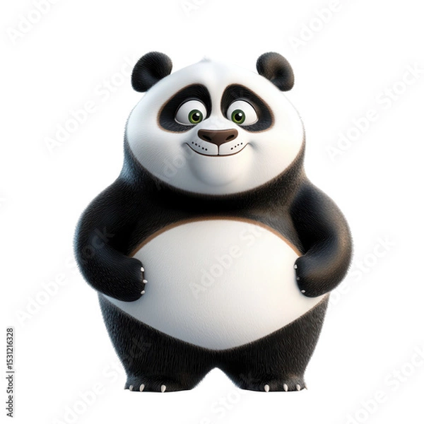Fototapeta Cute cartoon panda character standing cheerfully, showcasing a friendly expression in a simple, bright environment