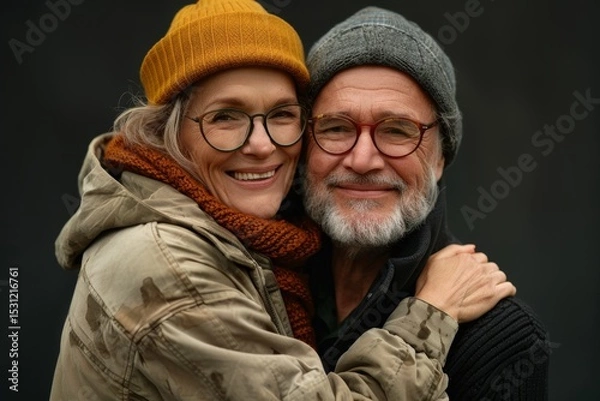Fototapeta Portrait of a glad caucasian couple in their 50s hugging each other