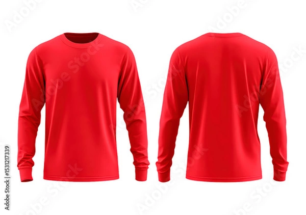 Fototapeta Red long-sleeve t-shirt front and back view on transparent background, PNG