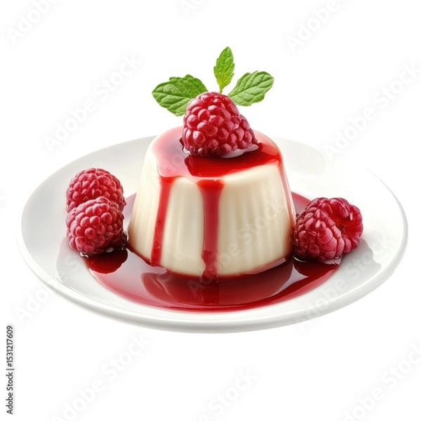 Fototapeta Delicious panna cotta topped with fresh raspberries and raspberry sauce served on a plate