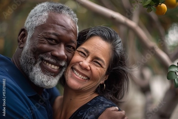 Fototapeta Portrait of a grinning multicultural couple in their 50s hugging each other kissing