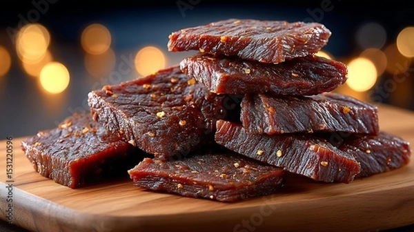 Obraz Realistic Sketch of Freshly Prepared Beef Jerky on a Wooden Board with Artistic Lighting
