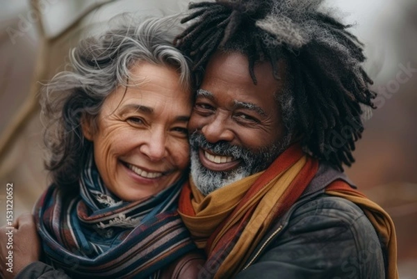 Fototapeta Portrait of a smiling multicultural couple in their 50s hugging each other