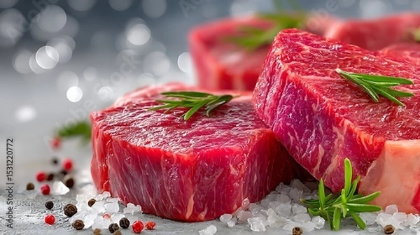 Obraz Realistic Beef Steak with Fresh Herbs on a Light Background in Watercolor Style