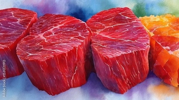 Obraz Realistic Watercolor Sketch of Fresh Raw Beef Cuts with Vibrant Lighting Effects