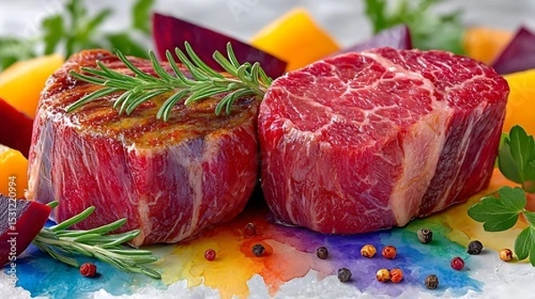 Obraz Realistic Beef Sketch in Watercolor Style with Vibrant Lighting and Fresh Ingredients
