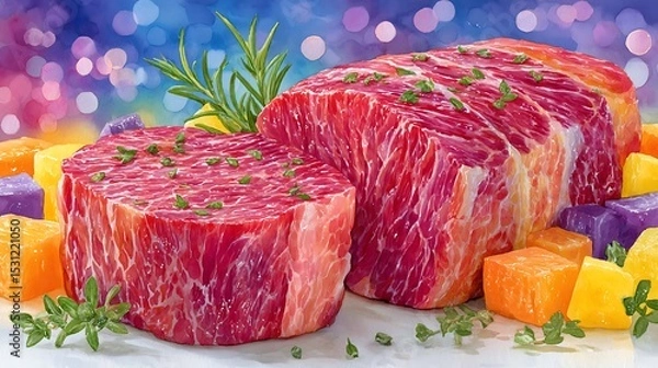 Obraz Realistic Watercolor Sketch of Beef with Colorful Background and Herbs