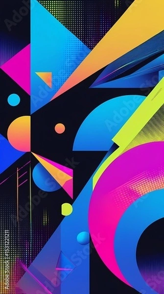 Obraz Abstract bright composition with geometric shapes and patterns, blue, pink, and yellow colors.