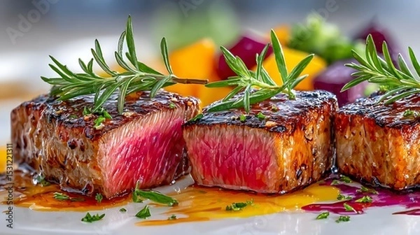 Obraz Realistic Beef Steak with Fresh Herbs and Colorful Vegetables on a Plate