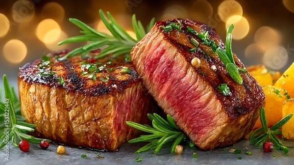 Obraz Realistic watercolor sketch of gourmet beef with herbs and dramatic lighting