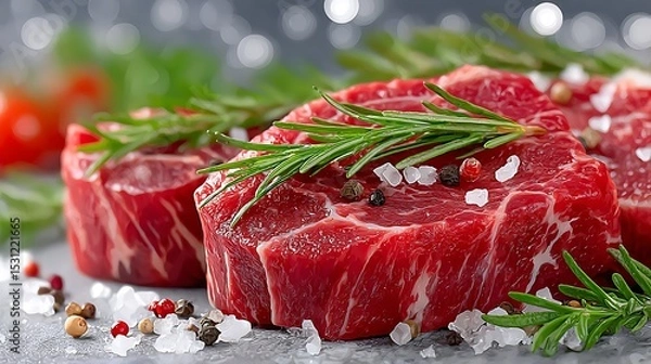 Obraz Realistic Beef Cuts with Fresh Herbs and Spices in a Watercolor Sketch Style