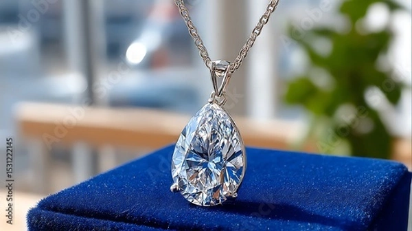 Obraz Realistic Painting of a Diamond Pendant Necklace on a Blue Velvet Display
