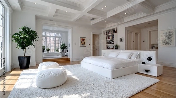 Obraz Modern Minimalist Bedroom with Clean Lines and Natural Light in Elegant Interior