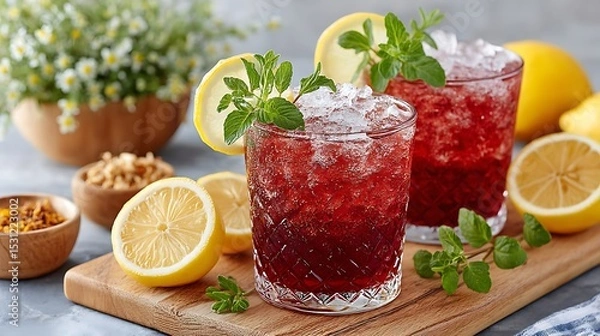 Obraz Refreshing Red Wine Spritzer Cocktail with Lemon and Mint Garnish in Glasses