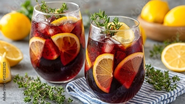 Obraz Refreshing Red Wine Spritzer Cocktail with Lemon Slices and Fresh Herbs in Glasses