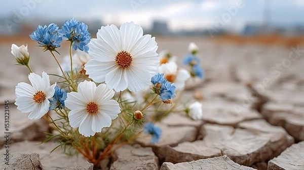 Obraz Resilient Flower Survives in Cracked Earth Amidst Nature's Beauty and Challenges