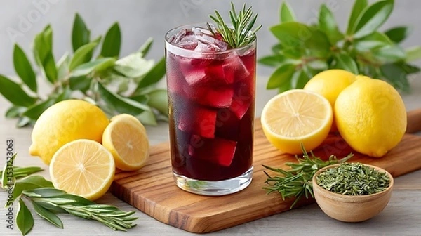 Obraz Refreshing Red Wine Spritzer Cocktail with Lemon and Fresh Herbs