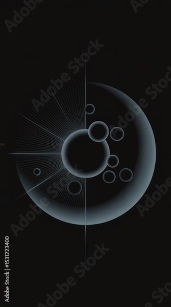 Obraz Minimalist abstract composition with geometric shapes and a sphere in the center on a black background.