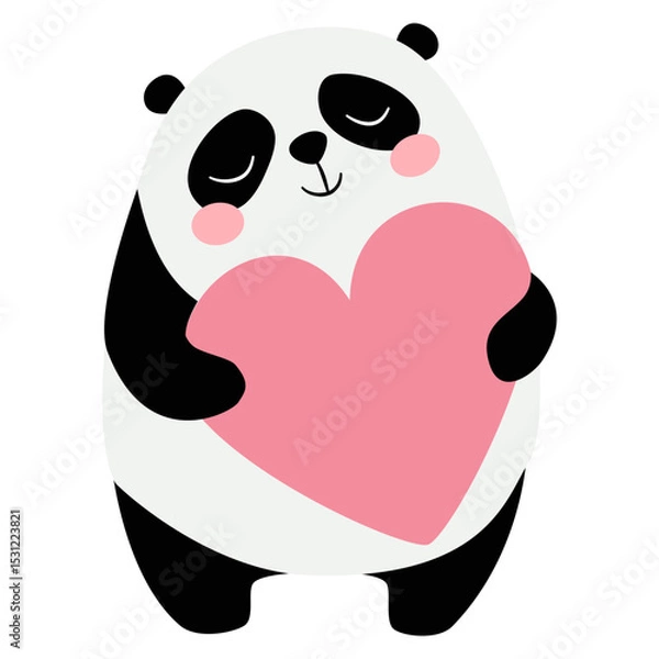 Obraz Cute panda in love holding a big heart, valentine's day illustration. Flat vector illustration in simple childish style. Vector illustration