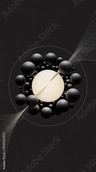 Fototapeta Minimalist abstract composition with geometric shapes and a sphere in the center on a black background.