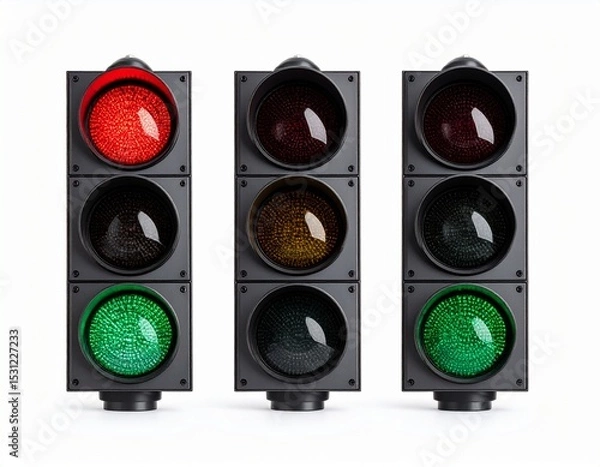 Fototapeta Three sets of LED traffic lights showing red, amber or green lights.