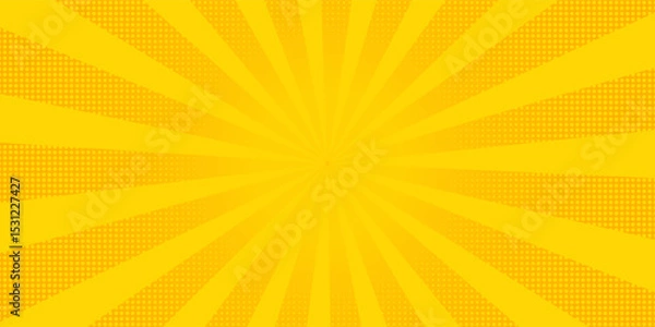 Obraz Abstract orange comic background. Art pop cartoon backdrop. Halftone effect pattern. Fun anime texture. Starburst manga style bg. Mark popart radial gradient. Spiral, swirl, comic rays.