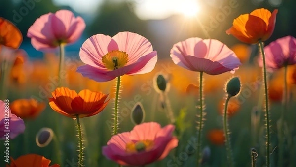 Fototapeta Red tulips and poppies blossom in a vibrant spring meadow, their petals a splash of color against the blue sky