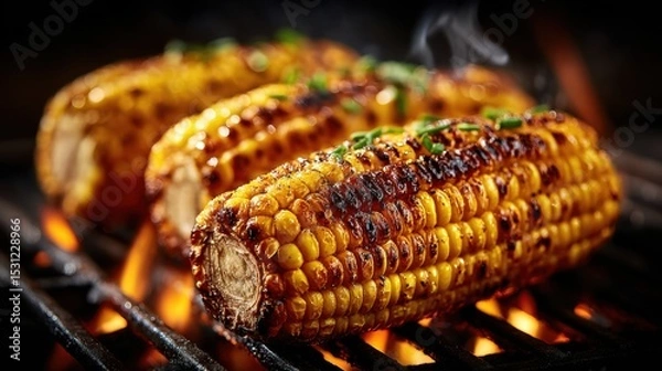 Obraz Fresh corn on the cob is charred to perfection on a grill, releasing smoky aromas. Chopped herbs enhance the golden kernels, creating a delicious summer treat shared among friends.