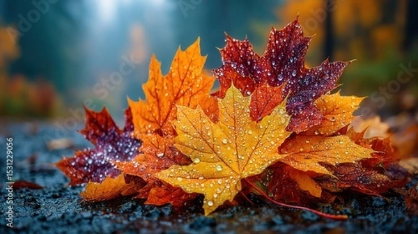 Obraz A vibrant collection of autumn leaves in rich orange, red, and yellow hues sits on a damp surface. Raindrops glisten on the leaves while a misty forest background enhances the atmosphere.