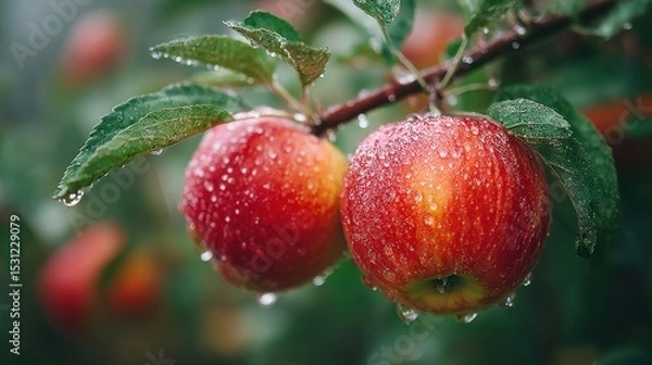 Obraz Two ripe red apples hang from a green branch, adorned with sparkling dew droplets. The setting is an orchard, capturing the freshness of early morning light.