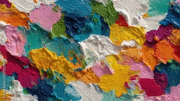 Obraz A variety of bright colors blend together in an abstract pattern on a textured wall. The hues include blues, pinks, yellows, and greens, creating a lively and dynamic visual display.
