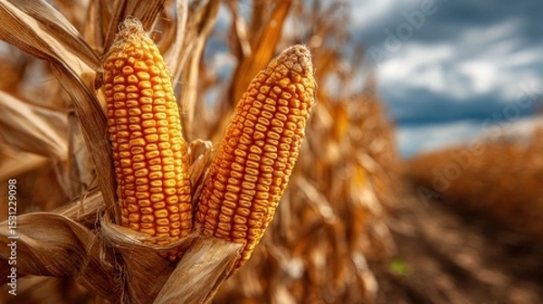 Obraz Close-up of ripe corn ears on the stalks in an expansive field. The sky is overcast, indicating harvest time and the changing seasons in agriculture.